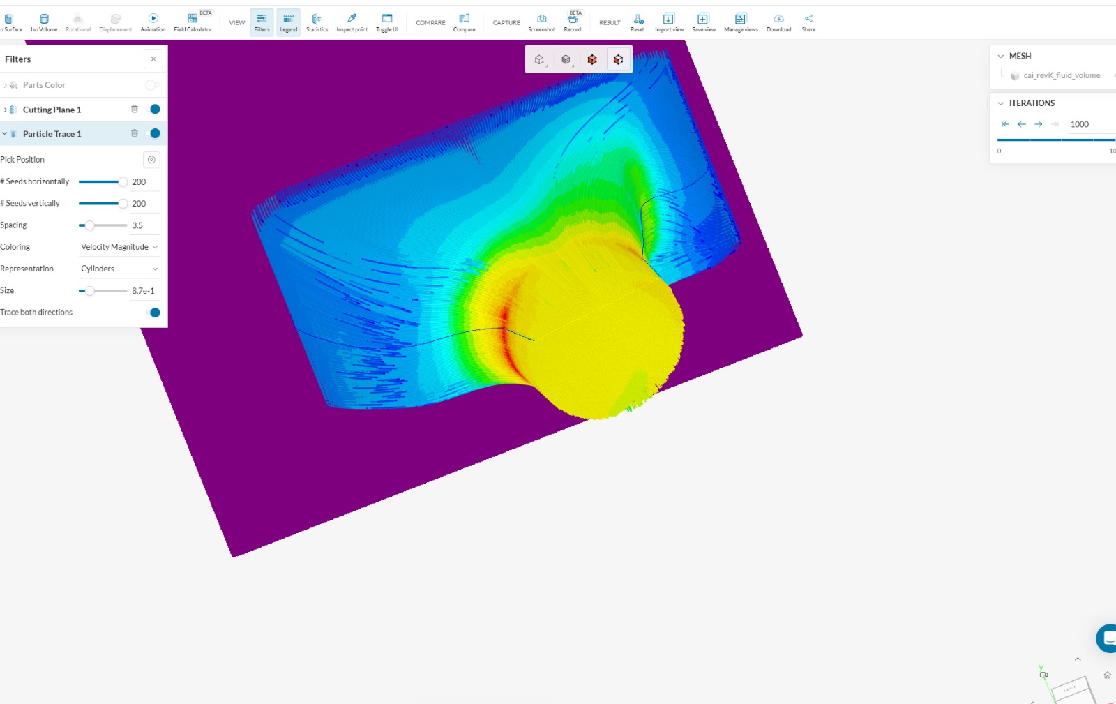 Simulación CFD del plenum: el aire pintado de azul donde entra tranquilo y amarillo donde se acelera